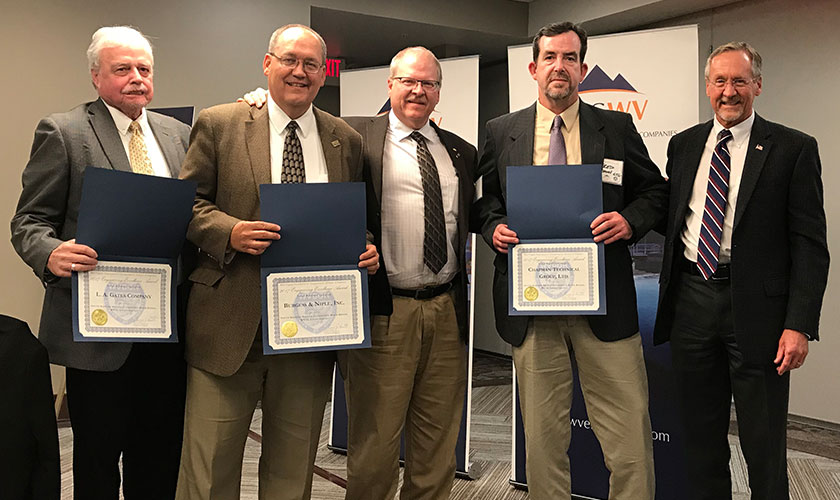 The three co-winners of the WV DOT 2017 Engineering Excellence Award, Large Roadway Category, 2nd place are shown above (from left) L.A. Gates, LA Gates Engineering; Rodney Holbert, Burgess & Niple; Roger Kennedy and Fred Brown, Chapman Technical Group, and Tom Smith, secretary of the West Virginia Department of Transportation and commissioner of the Division of Highways.